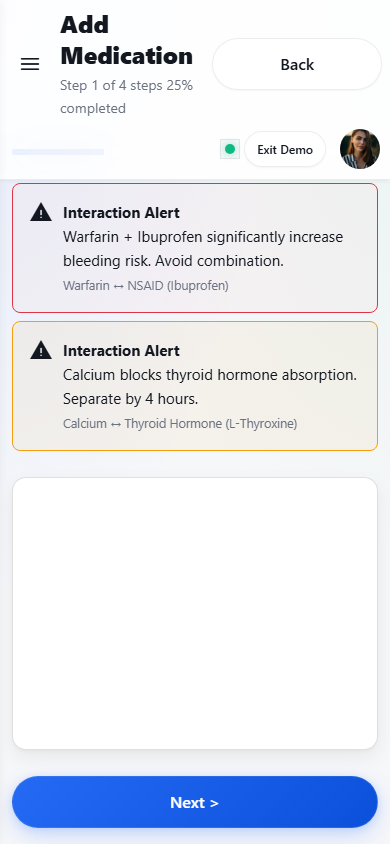 Drug interaction warnings — critical and warning level alerts for medication conflicts