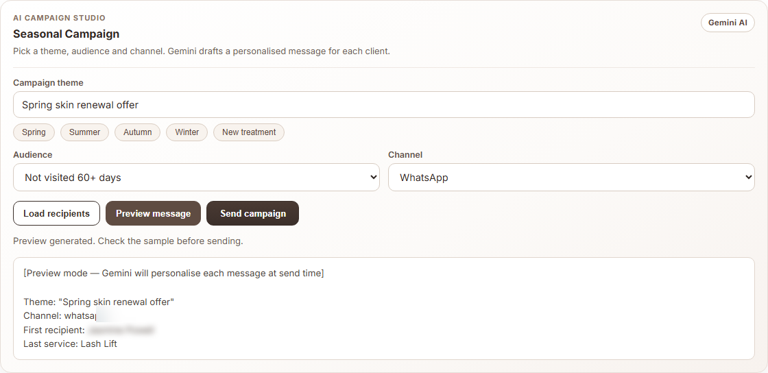 Seasonal campaign panel — theme, segment and AI-generated personalised messages