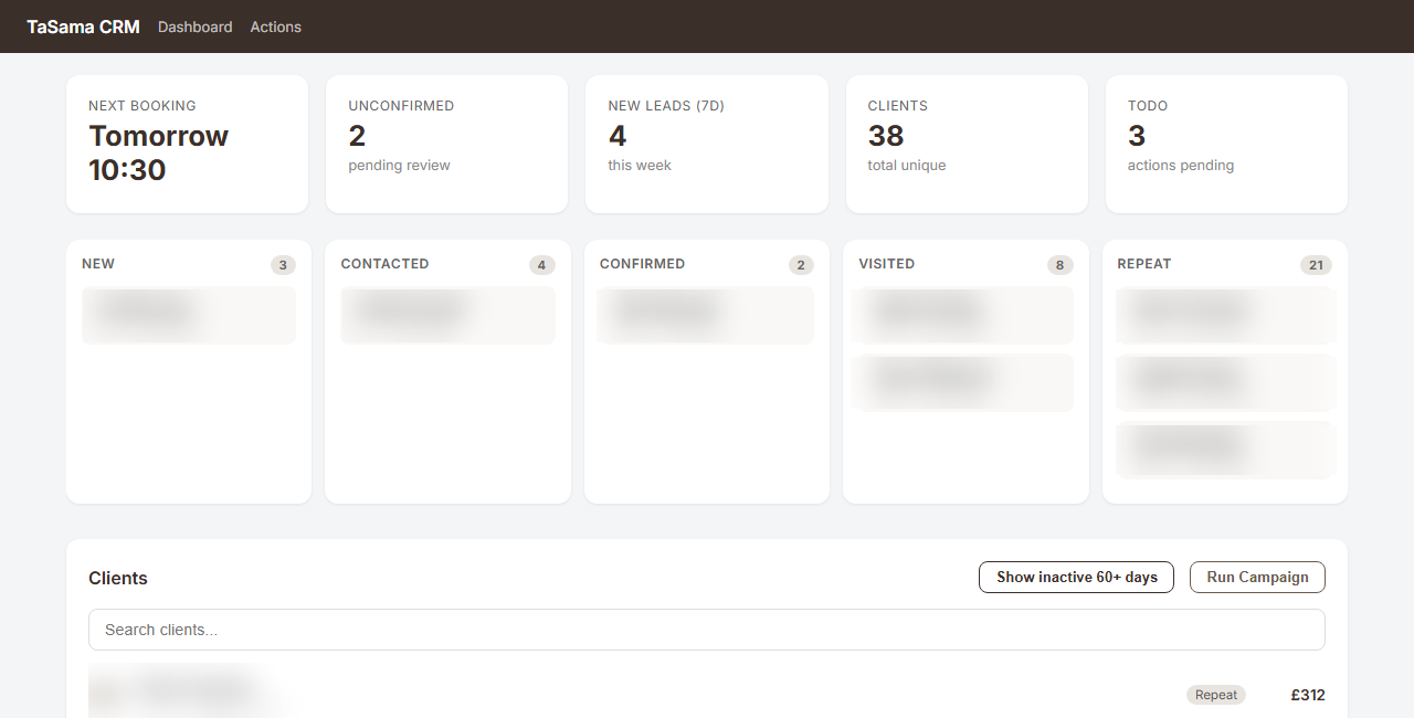 TaSama CRM — client pipeline with 5-stage lifecycle management